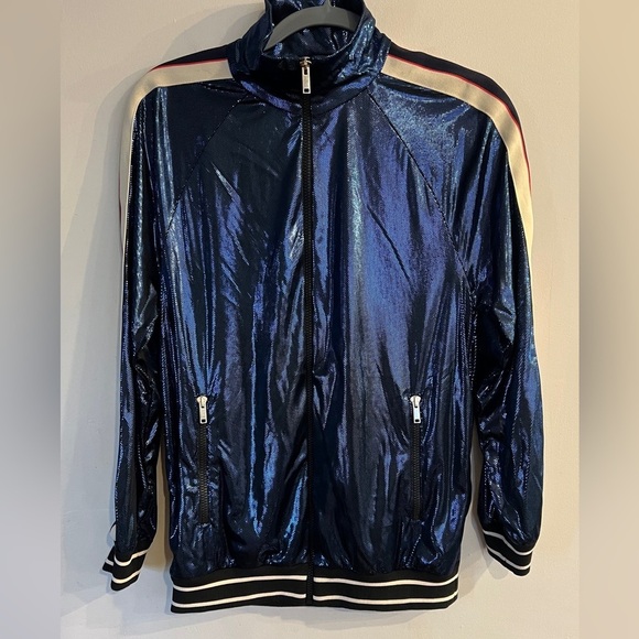 GUCCI Men’s Sylvie Web Blue Lame Logo Stripe Full Zip Track Jacket Size XS NEW